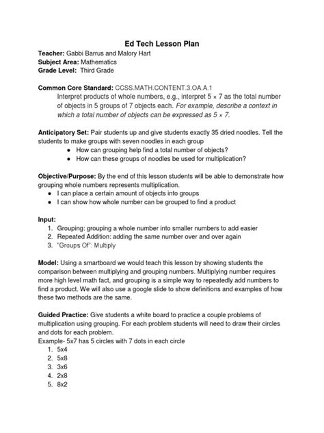 Lesson Plan Pdf Multiplication Lesson Plan