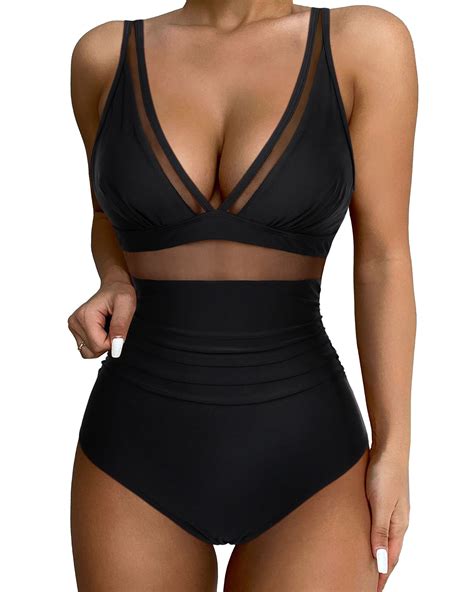 Suuksess Women Sexy Mesh Tummy Control Swimsuit Push Up High Waisted