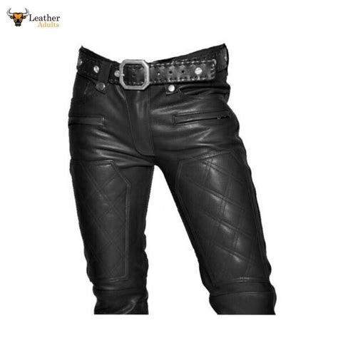 Mens Real Leather Bikers Pants Quilted Panels Slim Fit Bikers Leather Leather Adults