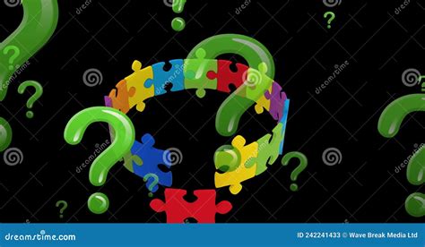 Animation Of Question Marks And Puzzles Over Black Background Stock