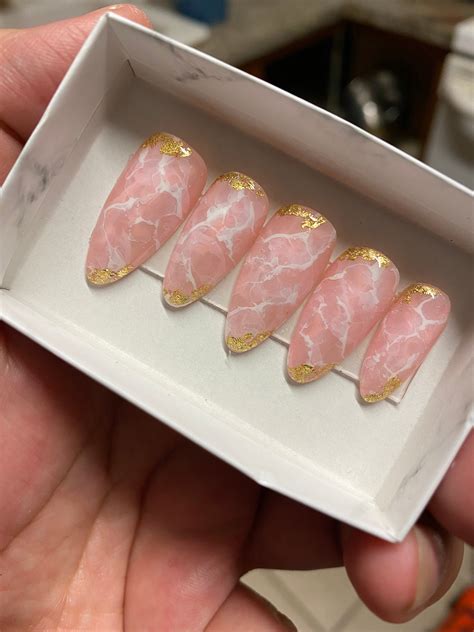 Stunning Rose Quartz Marble Nails With Gold Flakes Marble Etsy