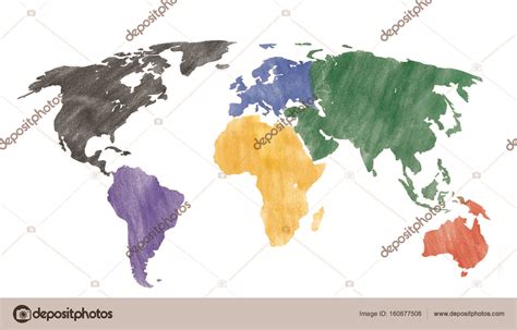 Hand Drawn Look Of A World Map With Colored Continents Stock