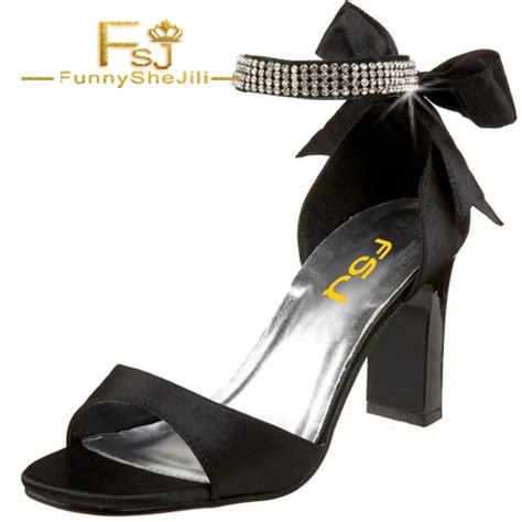 Black Bow Evening Crystal Rhinestone Satin Ankle Strap Wrapped High Block Heel Sandals Women