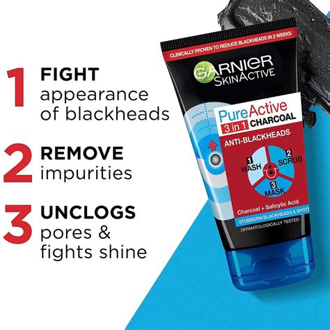 Garnier Pure Active 3 In 1 Charcoal Anti Blackhead Wash Scrub And Mask