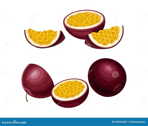 Fresh Ripe Passionfruit Set Whole And Pieces Of Sweet Exotic Maracuya