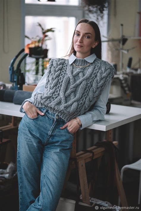 Жилеты: Женский трендовый жилет крупной вязки оверсайз цвета сталь в ...