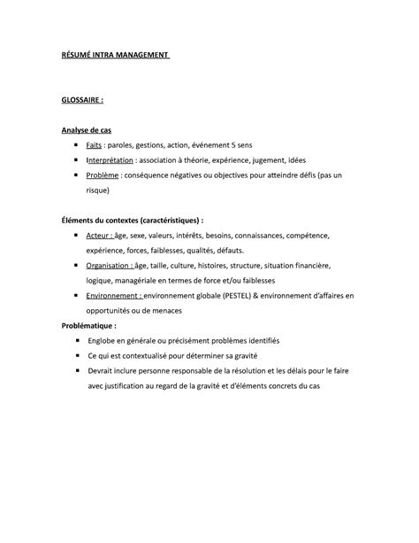 Résumé Intra Management RÉSUMÉ INTRA MANAGEMENT GLOSSAIRE Analyse