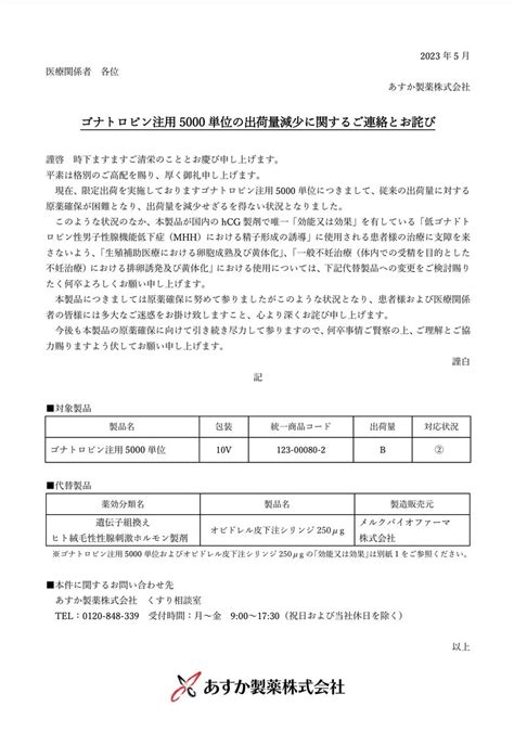 DSJP info DSJP登録情報 on Twitter 2023年5月24日 あすか製薬 ゴナトロピン注用5000単位の出荷量減少