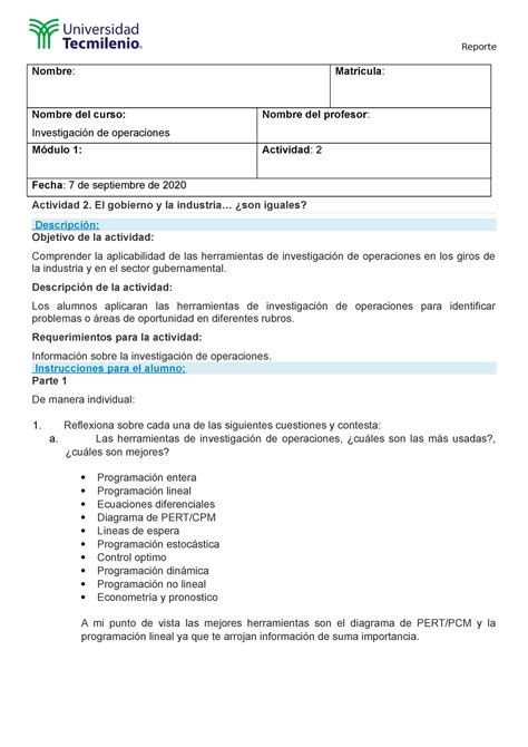 Actividad 2 investigacion de operaciones Nombre Matrícula Nombre