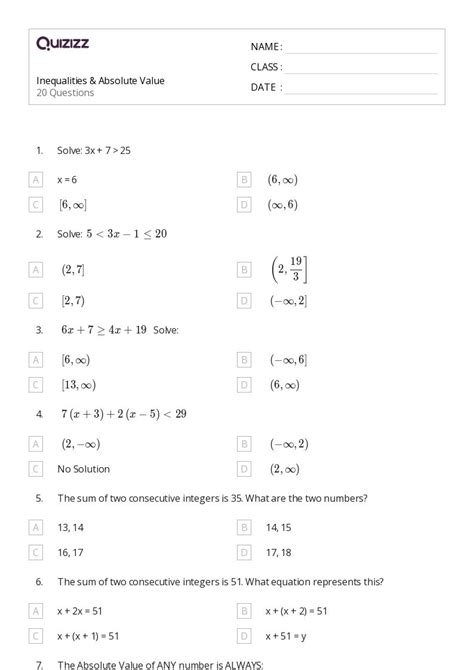 50 Absolute Value Equations Functions And Inequalities Worksheets For 11th Grade On Quizizz