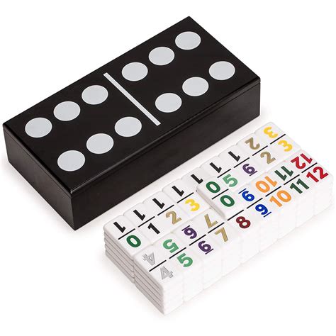 Double 12 Dominoes Game Set with Numerals in Black Lacquer Case - Bocce Ball