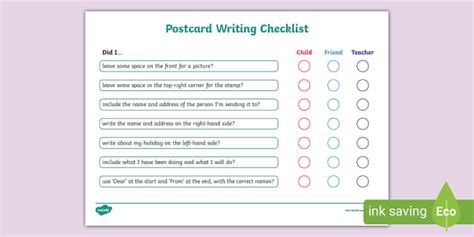 Postcard Writing Checklist Ks Writing English