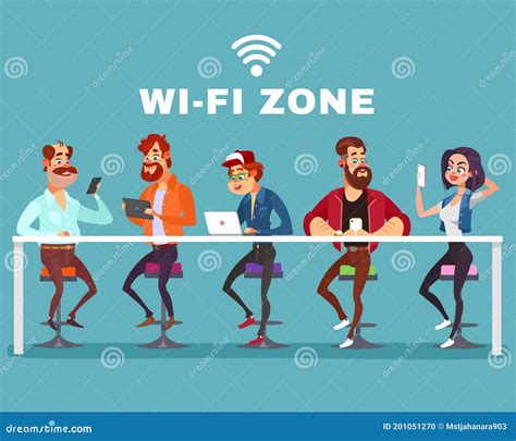 Vector Cartoon Illustration Of A Men And A Woman In The Wi Fi Zone