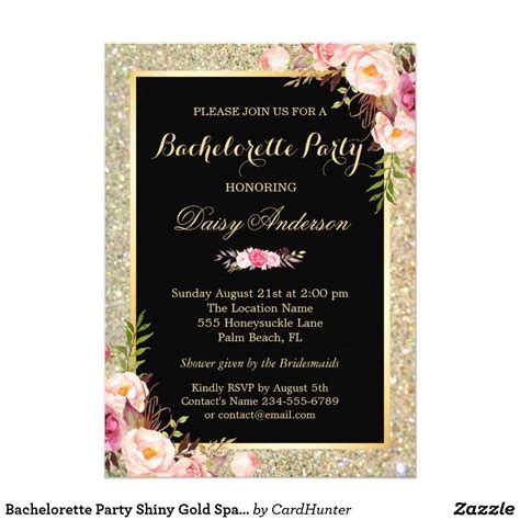 Bachelorette Party Shiny Gold Sparkles Floral Invitation | Zazzle ...