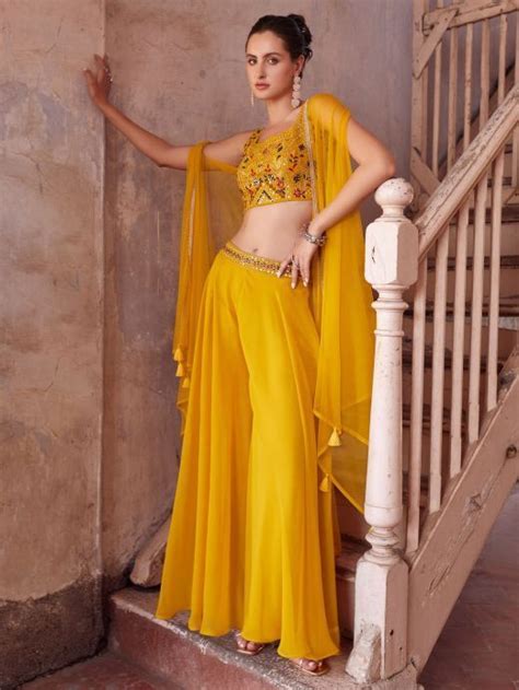 Buy Green Embroidered Georgette Crop Top Palazzo With Strug From Ethnic