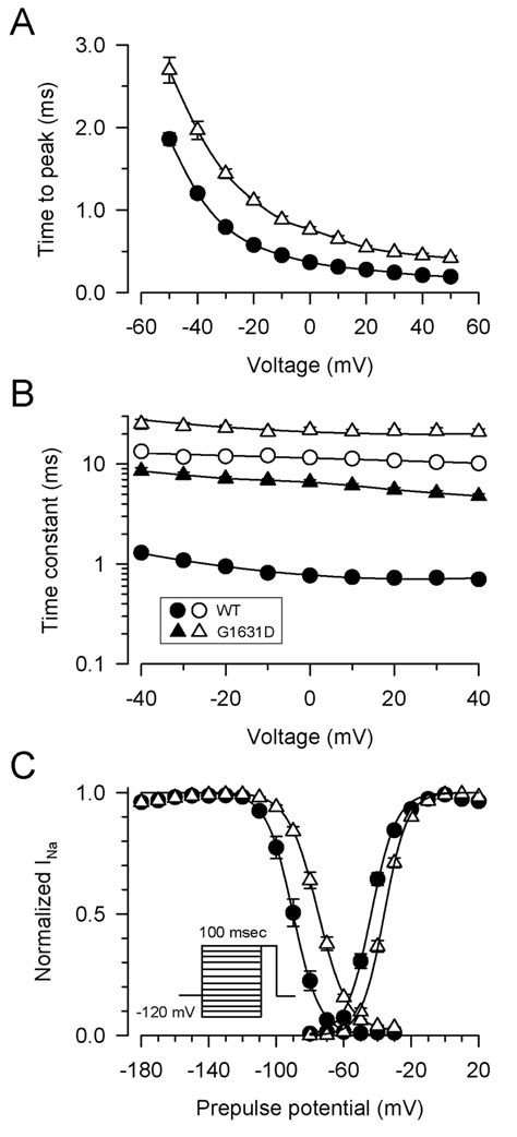 Activation and inactivation of WT and mutant channels. (A) Time to peak ... 