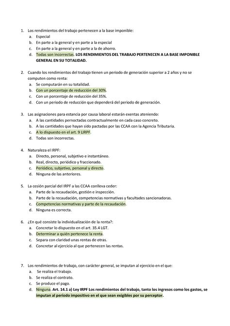 Test Tributario Tipo Test Corregido Los Rendimientos Del Trabajo