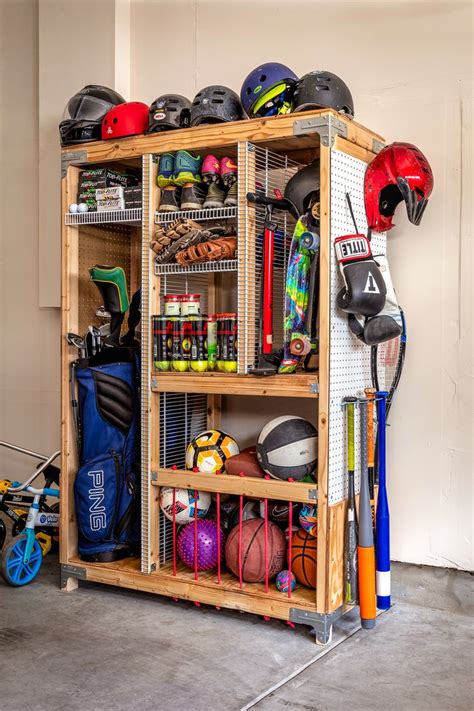 A Garage Storage Unit Filled With Sports Equipment