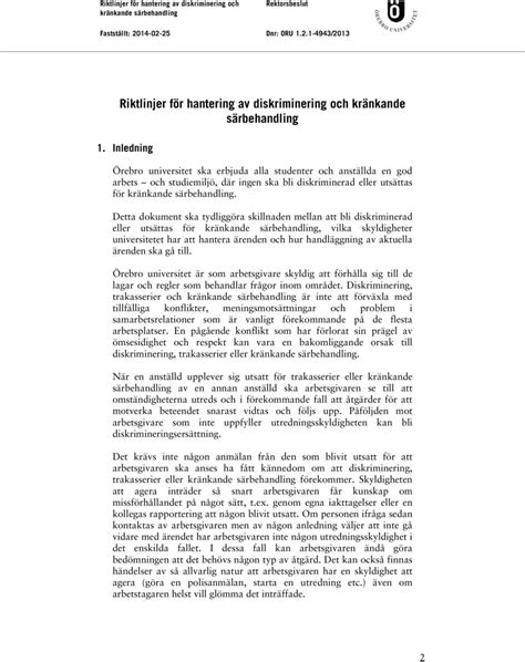 Riktlinjer För Hantering Av Diskriminering Och Kränkande Särbehandling