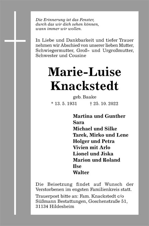 Traueranzeigen Von Marie Luise Knackstedt Trauerportal Hildesheimer