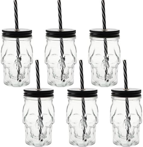 Topzea 6 Pack Mason Jars Mugs 16 Oz Glass Skull Mason Drinking Mugs Tumbler Cup With Straws Old