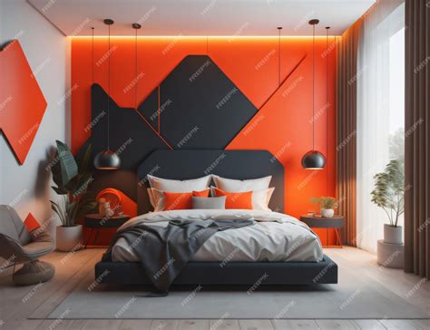 Premium AI Image | Bedroom design in orange color equipped with a decoration on the wall and a ...