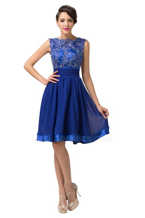 A Line Bateau Beaded Applique Short Blue Prom Evening Formal Dresses