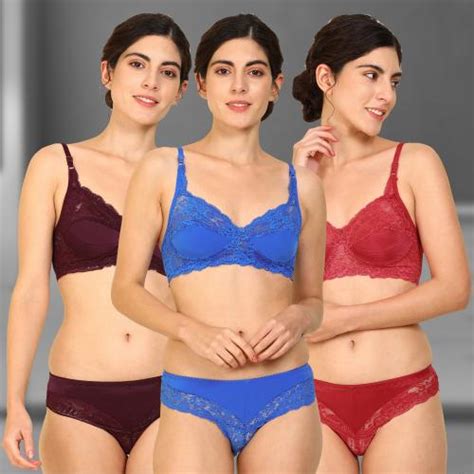 Buy Beach Curve Women Cotton Bra Panty Set For Lingerie Set Pack Of 3 Color Maroon Blue