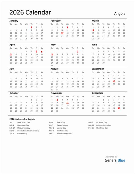 Angola Calendar With Holidays