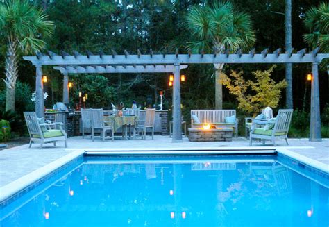 Outdoor Living Outdoor Kitchen Pool Fire Pit And Arbor