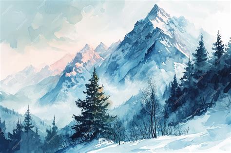 Premium Photo | Watercolor winter mountain with pine forest illustration background