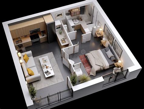 3D Illustration of a Fully Furnished Studio Apartment Layout Plan ...