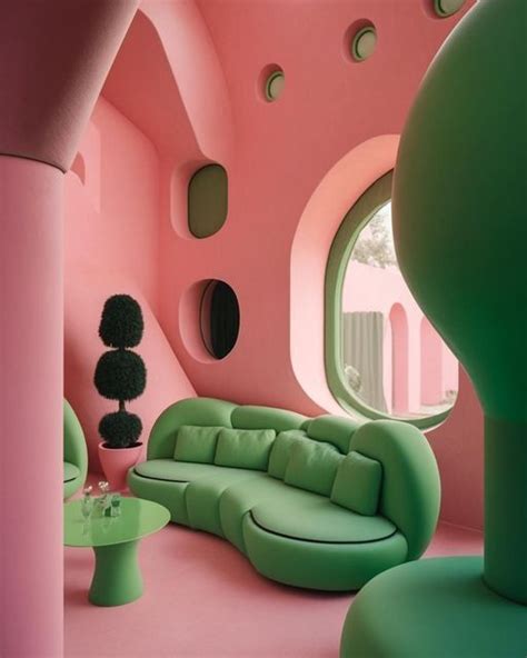 A Living Room With Pink Walls And Green Couches In The Center