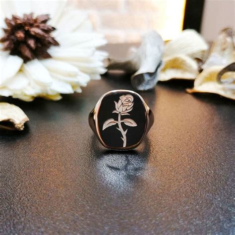 Rose Flower Ring Silver Signet Ring Birth Flower Ring Rose Signet