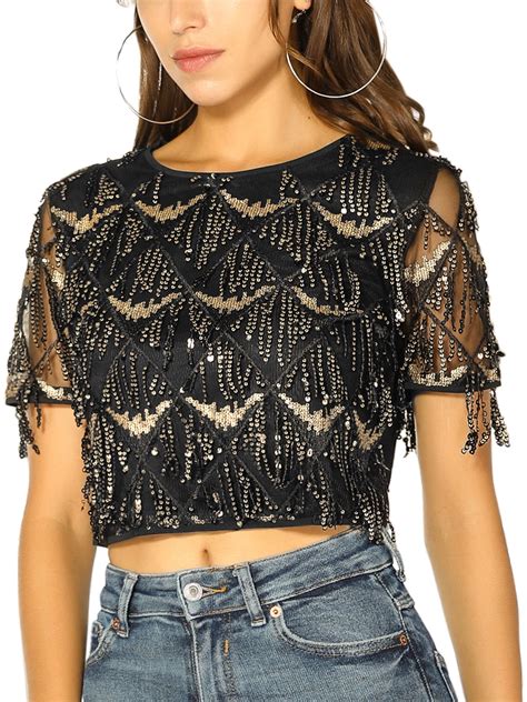 Allegra K Allegra K Women S Sequin Shiny Glitter Crop Tops Short