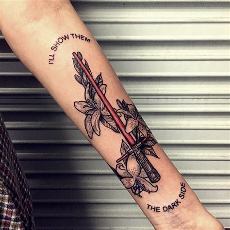 Stunning Multicolored Detailed Sith Lightsaber Tattoo On Forearm