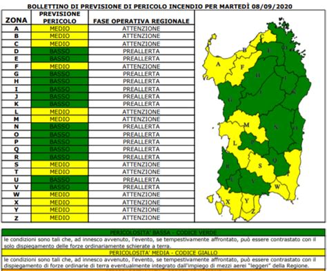 Allerta incendi in Sardegna martedì 8 settembre bollino giallo in