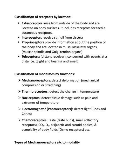 Classification Of Receptors It Includes Receptors For Tactile