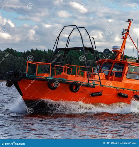 Orange Pilot Boat In Action Stock Photo Image Of Protection Ship