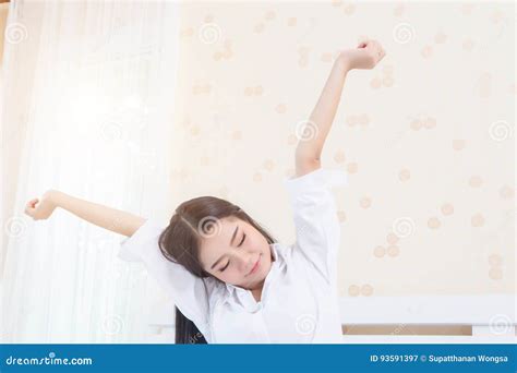 Woman Stretching In Bed After Wake Up Back View Stock Image Image Of