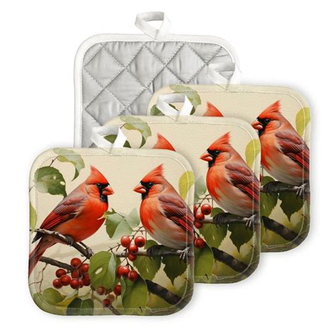 Bahomeck Pot Holder 4Pcs Red Cardinals Perched On Tree Branch Square Heat Resistant Hot Pads For