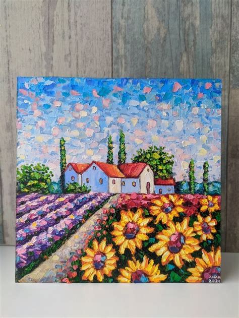 Original Oil Painting Rolling Sunflowers Fields Provence France