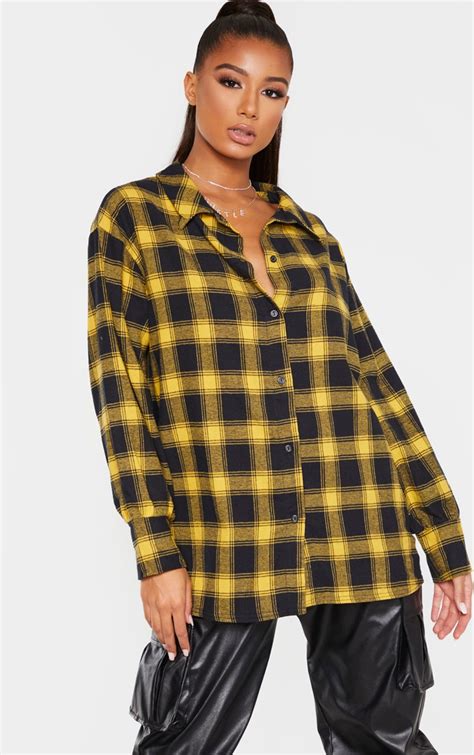 Yellow Checked Oversized Shirt Tops Prettylittlething Aus