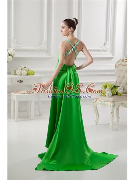 Column Straps Ruching And Beading High Slit Taffeta Prom Dress 130 39