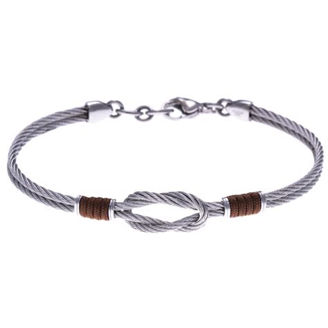 Bracelet acier 2 câbles acier nœud marin cordon nautique marron