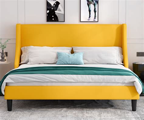 Allewie King Size Bed Frame With Wingback Headboard Upholstered Fabric Platform Light Yellow