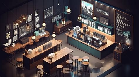 Isometric 3d Illustration Of A Cozy Coffee Shop Interior Featuring