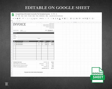 Invoice Template Excel, Google Sheet Spreadsheet Template, Auto ...