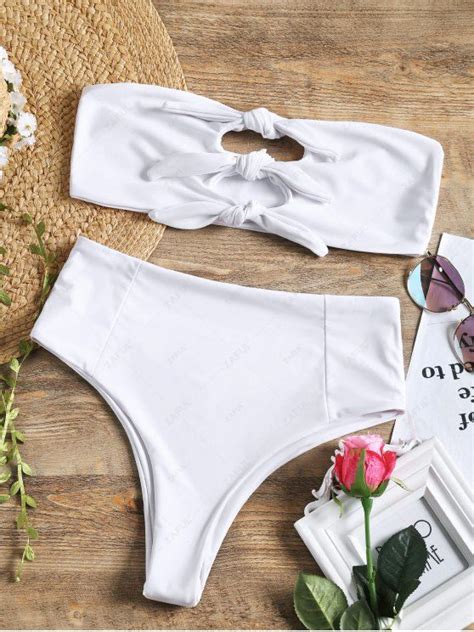 36 OFF 2019 Bandeau Knotted High Waisted Bikini Set In WHITE ZAFUL