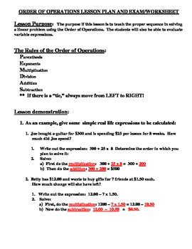 Order Of Operation Lesson Plan Worksheet Exam By NJMARKNJ TpT